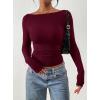 image:imagePRETTYGARDEN Long Sleeve Shirts for Women 2026 Fall Ruched Sides Boat Neck Basic Tee Casual Fitted Ribbed Knit Crop TopsWine Red