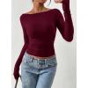 image:imagePRETTYGARDEN Long Sleeve Shirts for Women 2026 Fall Ruched Sides Boat Neck Basic Tee Casual Fitted Ribbed Knit Crop TopsWine Red