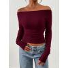 image:imagePRETTYGARDEN Long Sleeve Shirts for Women 2026 Fall Ruched Sides Boat Neck Basic Tee Casual Fitted Ribbed Knit Crop TopsWine Red
