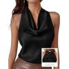 image:imagePRETTYGARDEN Silk Satin Halter Tops for Women Summer 2026 Cowl Neck Tie Back Going Out Sleeveless Business Casual Tank TopBlack