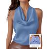 image:imagePRETTYGARDEN Silk Satin Halter Tops for Women Summer 2026 Cowl Neck Tie Back Going Out Sleeveless Business Casual Tank TopBlue
