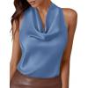 image:imagePRETTYGARDEN Silk Satin Halter Tops for Women Summer 2026 Cowl Neck Tie Back Going Out Sleeveless Business Casual Tank TopBlue