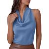 image:imagePRETTYGARDEN Silk Satin Halter Tops for Women Summer 2026 Cowl Neck Tie Back Going Out Sleeveless Business Casual Tank TopBlue