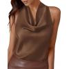 image:imagePRETTYGARDEN Silk Satin Halter Tops for Women Summer 2026 Cowl Neck Tie Back Going Out Sleeveless Business Casual Tank TopBrown