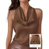 image:imagePRETTYGARDEN Silk Satin Halter Tops for Women Summer 2026 Cowl Neck Tie Back Going Out Sleeveless Business Casual Tank TopBrown