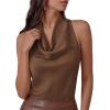 image:imagePRETTYGARDEN Silk Satin Halter Tops for Women Summer 2026 Cowl Neck Tie Back Going Out Sleeveless Business Casual Tank TopBrown