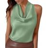 image:imagePRETTYGARDEN Silk Satin Halter Tops for Women Summer 2026 Cowl Neck Tie Back Going Out Sleeveless Business Casual Tank TopLight Green