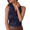image:imagePRETTYGARDEN Silk Satin Halter Tops for Women Summer 2026 Cowl Neck Tie Back Going Out Sleeveless Business Casual Tank TopNavy
