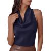 image:imagePRETTYGARDEN Silk Satin Halter Tops for Women Summer 2026 Cowl Neck Tie Back Going Out Sleeveless Business Casual Tank TopNavy