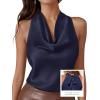 image:imagePRETTYGARDEN Silk Satin Halter Tops for Women Summer 2026 Cowl Neck Tie Back Going Out Sleeveless Business Casual Tank TopNavy