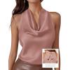 image:imagePRETTYGARDEN Silk Satin Halter Tops for Women Summer 2026 Cowl Neck Tie Back Going Out Sleeveless Business Casual Tank TopPink
