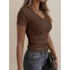 image:imagePRETTYGARDEN Women 2026 Spring Tops Trendy Ribbed Short Sleeve V Neck Fitted Basic Tee Shirts Casual Going Out Summer OutfitsBrown