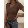 image:imagePRETTYGARDEN Women 2026 Spring Tops Trendy Ribbed Short Sleeve V Neck Fitted Basic Tee Shirts Casual Going Out Summer OutfitsBrown