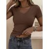 image:imagePRETTYGARDEN Women 2026 Spring Tops Trendy Ribbed Short Sleeve V Neck Fitted Basic Tee Shirts Casual Going Out Summer OutfitsBrown