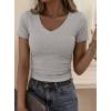image:imagePRETTYGARDEN Women 2026 Spring Tops Trendy Ribbed Short Sleeve V Neck Fitted Basic Tee Shirts Casual Going Out Summer OutfitsGrey