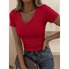 image:imagePRETTYGARDEN Women 2026 Spring Tops Trendy Ribbed Short Sleeve V Neck Fitted Basic Tee Shirts Casual Going Out Summer OutfitsRed