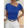 image:imagePRETTYGARDEN Womens 2026 Summer Asymmetrical Y2K Tops Trendy Ribbed Short Sleeve Fitted Tee Shirts Spring Fashion ClothingBlue