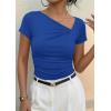 image:imagePRETTYGARDEN Womens 2026 Summer Asymmetrical Y2K Tops Trendy Ribbed Short Sleeve Fitted Tee Shirts Spring Fashion ClothingBlue