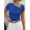 image:imagePRETTYGARDEN Womens 2026 Summer Asymmetrical Y2K Tops Trendy Ribbed Short Sleeve Fitted Tee Shirts Spring Fashion ClothingBlue