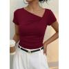 image:imagePRETTYGARDEN Womens 2026 Summer Asymmetrical Y2K Tops Trendy Ribbed Short Sleeve Fitted Tee Shirts Spring Fashion ClothingBurgundy