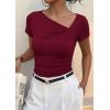 image:imagePRETTYGARDEN Womens 2026 Summer Asymmetrical Y2K Tops Trendy Ribbed Short Sleeve Fitted Tee Shirts Spring Fashion ClothingBurgundy