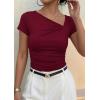 image:imagePRETTYGARDEN Womens 2026 Summer Asymmetrical Y2K Tops Trendy Ribbed Short Sleeve Fitted Tee Shirts Spring Fashion ClothingBurgundy