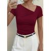 image:imagePRETTYGARDEN Womens 2026 Summer Asymmetrical Y2K Tops Trendy Ribbed Short Sleeve Fitted Tee Shirts Spring Fashion ClothingBurgundy