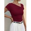 image:imagePRETTYGARDEN Womens 2026 Summer Asymmetrical Y2K Tops Trendy Ribbed Short Sleeve Fitted Tee Shirts Spring Fashion ClothingBurgundy