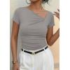image:imagePRETTYGARDEN Womens 2026 Summer Asymmetrical Y2K Tops Trendy Ribbed Short Sleeve Fitted Tee Shirts Spring Fashion ClothingLight Grey