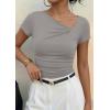 image:imagePRETTYGARDEN Womens 2026 Summer Asymmetrical Y2K Tops Trendy Ribbed Short Sleeve Fitted Tee Shirts Spring Fashion ClothingLight Grey