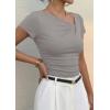 image:imagePRETTYGARDEN Womens 2026 Summer Asymmetrical Y2K Tops Trendy Ribbed Short Sleeve Fitted Tee Shirts Spring Fashion ClothingLight Grey