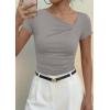 image:imagePRETTYGARDEN Womens 2026 Summer Asymmetrical Y2K Tops Trendy Ribbed Short Sleeve Fitted Tee Shirts Spring Fashion ClothingLight Grey