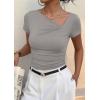 image:imagePRETTYGARDEN Womens 2026 Summer Asymmetrical Y2K Tops Trendy Ribbed Short Sleeve Fitted Tee Shirts Spring Fashion ClothingLight Grey