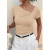 image:imagePRETTYGARDEN Womens 2026 Summer Asymmetrical Y2K Tops Trendy Ribbed Short Sleeve Fitted Tee Shirts Spring Fashion ClothingLight Khaki