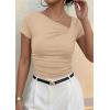 image:imagePRETTYGARDEN Womens 2026 Summer Asymmetrical Y2K Tops Trendy Ribbed Short Sleeve Fitted Tee Shirts Spring Fashion ClothingLight Khaki
