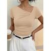 image:imagePRETTYGARDEN Womens 2026 Summer Asymmetrical Y2K Tops Trendy Ribbed Short Sleeve Fitted Tee Shirts Spring Fashion ClothingLight Khaki