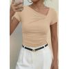image:imagePRETTYGARDEN Womens 2026 Summer Asymmetrical Y2K Tops Trendy Ribbed Short Sleeve Fitted Tee Shirts Spring Fashion ClothingLight Khaki