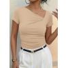 image:imagePRETTYGARDEN Womens 2026 Summer Asymmetrical Y2K Tops Trendy Ribbed Short Sleeve Fitted Tee Shirts Spring Fashion ClothingLight Khaki