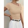 image:imagePRETTYGARDEN Womens 2026 Summer Asymmetrical Y2K Tops Trendy Ribbed Short Sleeve Fitted Tee Shirts Spring Fashion ClothingLight Khaki