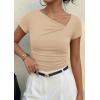 image:imagePRETTYGARDEN Womens 2026 Summer Asymmetrical Y2K Tops Trendy Ribbed Short Sleeve Fitted Tee Shirts Spring Fashion ClothingLight Khaki