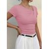 image:imagePRETTYGARDEN Womens 2026 Summer Asymmetrical Y2K Tops Trendy Ribbed Short Sleeve Fitted Tee Shirts Spring Fashion ClothingPink