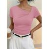 image:imagePRETTYGARDEN Womens 2026 Summer Asymmetrical Y2K Tops Trendy Ribbed Short Sleeve Fitted Tee Shirts Spring Fashion ClothingPink