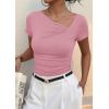image:imagePRETTYGARDEN Womens 2026 Summer Asymmetrical Y2K Tops Trendy Ribbed Short Sleeve Fitted Tee Shirts Spring Fashion ClothingPink