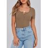 image:imagePRETTYGARDEN Womens 2026 Summer Short Sleeve Tops Ribbed Henley Button Slim Fit Basic Casual T Shirts Blouse Fashion ClothingLight Brown
