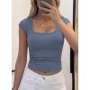 image:imagePRETTYGARDEN Womens Cap Sleeve T Shirts 2026 Square Neck Basic Tees Slim Fit Ribbed Knit Spring Going Out Tops Summer ClothesBlue Grey