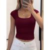 image:imagePRETTYGARDEN Womens Cap Sleeve T Shirts 2026 Square Neck Basic Tees Slim Fit Ribbed Knit Spring Going Out Tops Summer ClothesWine Red