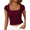 image:imagePRETTYGARDEN Womens Cap Sleeve T Shirts 2026 Square Neck Basic Tees Slim Fit Ribbed Knit Spring Going Out Tops Summer ClothesWine Red