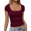 image:imagePRETTYGARDEN Womens Cap Sleeve T Shirts 2026 Square Neck Basic Tees Slim Fit Ribbed Knit Spring Going Out Tops Summer ClothesWine Red