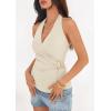 image:imagePRETTYGARDEN Womens Halter Top 2026 Spring Tie Wrap Sleeveless Ruched V Neck Fitted Summer Tops Backless Fashion Y2k ClothesBeige