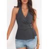 image:imagePRETTYGARDEN Womens Halter Top 2026 Spring Tie Wrap Sleeveless Ruched V Neck Fitted Summer Tops Backless Fashion Y2k ClothesGrey
